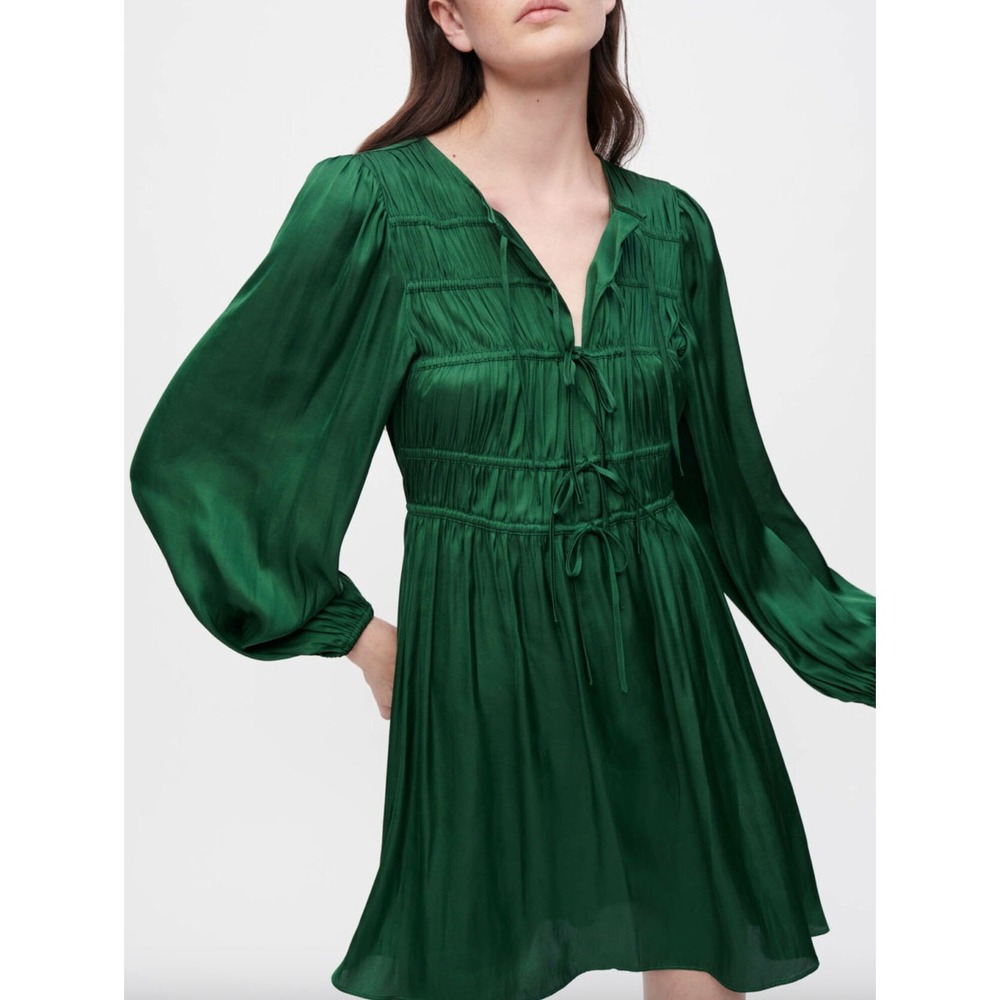 Maje Rinc Forest Green Shirred Satin Mini Dress Size 36 (US 4)‎ Fairy Romantic